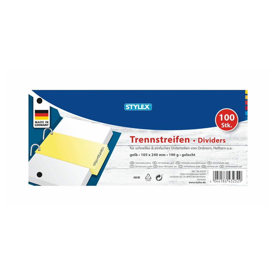 Separatoare din carton 190 gr/mp Stylex, 240x105 mm, 100 buc/set, galbene