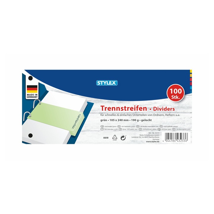 Separatoare din carton 190 gr/mp Stylex, 240x105 mm, 100 buc/set, verde