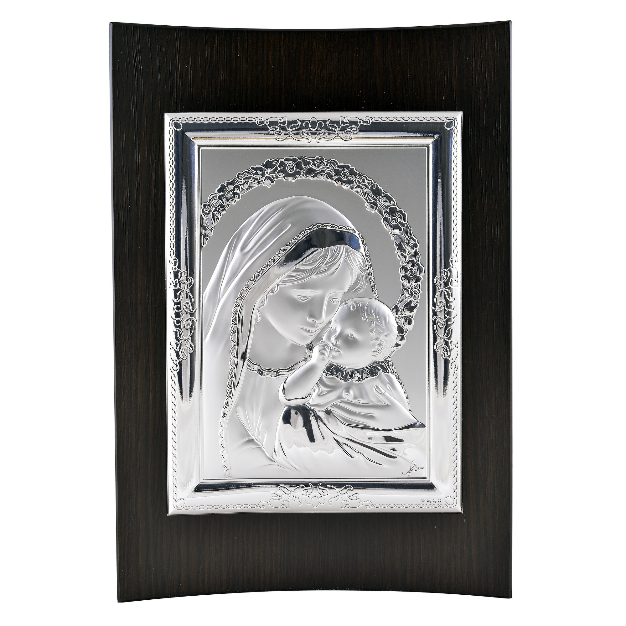 Icoana placata cu argint in lemn de culoare neagra - Fecioara si pruncul - Ghirlanda florala, Drept, 18x12 cm, 1/3