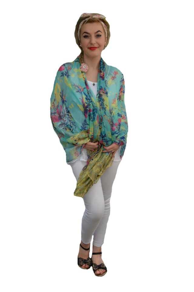 Esarfa moderna de culoare turcoaz, material subtire cu matase, D&J Exclussive