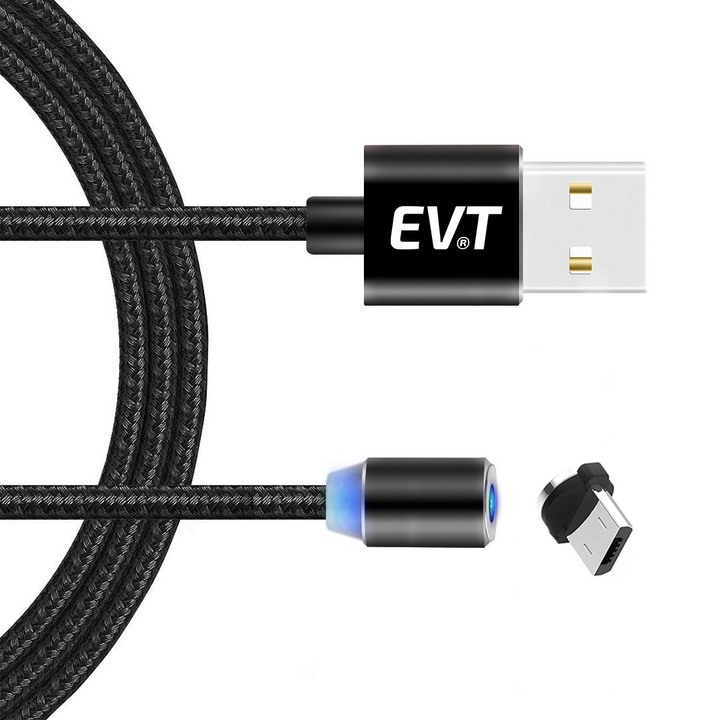 Cablu de incarcare EVT® micro-USB, conector magnetic, pentru telefon sau tableta Android, USB, micro-USB, 5V, 2A, 1m, LED, NEGRU
