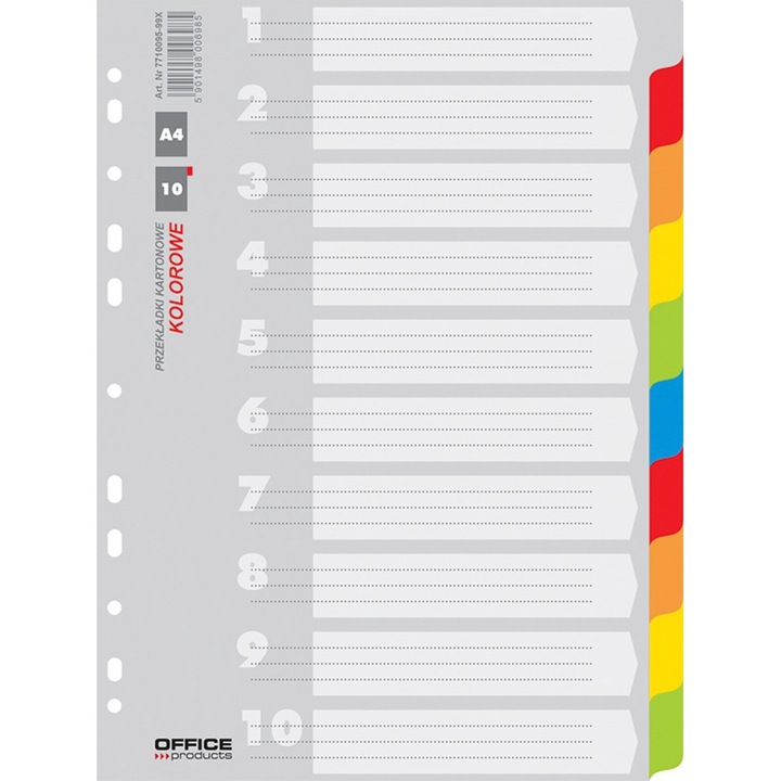 Színes karton elválasztó, A4, 170g/mp, 10 szín/készlet, Irodai termékek