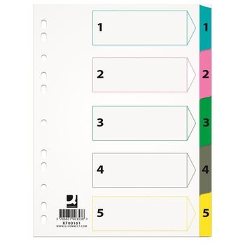 Separatoare A4 din carton Q-CONNECT Mylar, index numeric 1-5, taste plastifiate color Separatoare A4 din carton Q-CONNECT Mylar, index numeric 1-5, taste plastifiate color