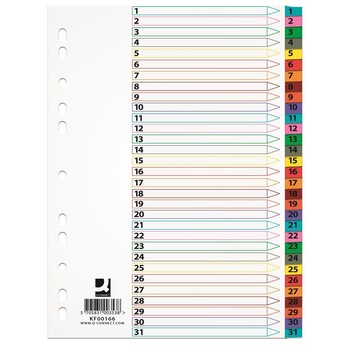 Separatoare A4 din carton Q-CONNECT Mylar, index numeric 1-31 , taste plastifiate color Separatoare A4 din carton Q-CONNECT Mylar, index numeric 1-31 , taste plastifiate color