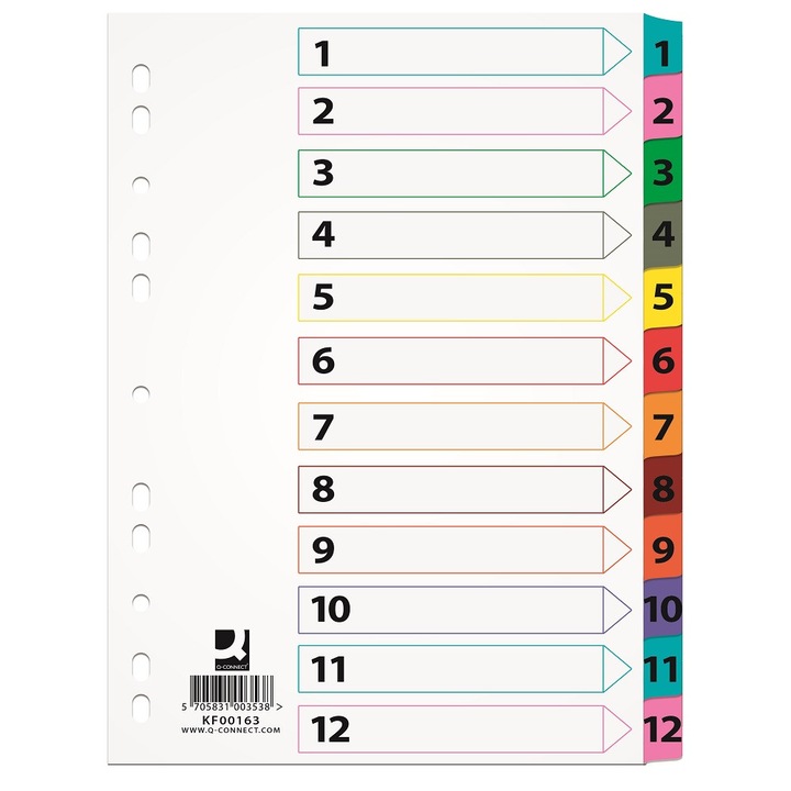 Index Fehér kartonpapír Mylar numerikus 1-12, margó Pp színes, A4, 170g/mp, Q-connect
