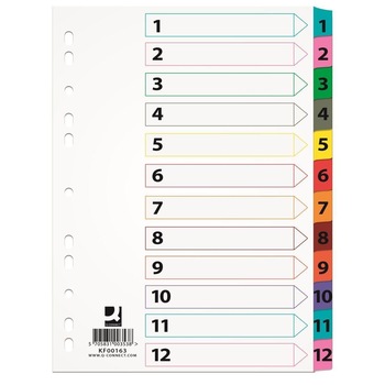 Separatoare A4 din carton Q-CONNECT Mylar, index numeric 1-12 , taste plastifiate color Separatoare A4 din carton Q-CONNECT Mylar, index numeric 1-12 , taste plastifiate color