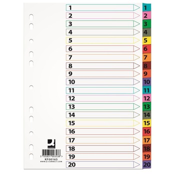 Separatoare A4 din carton Q-CONNECT Mylar, index numeric 1-20 , taste plastifiate color Separatoare A4 din carton Q-CONNECT Mylar, index numeric 1-20 , taste plastifiate color