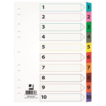 Separatoare A4 din carton Q-CONNECT Mylar, index numeric 1-10 , taste plastifiate color Separatoare A4 din carton Q-CONNECT Mylar, index numeric 1-10 , taste plastifiate color