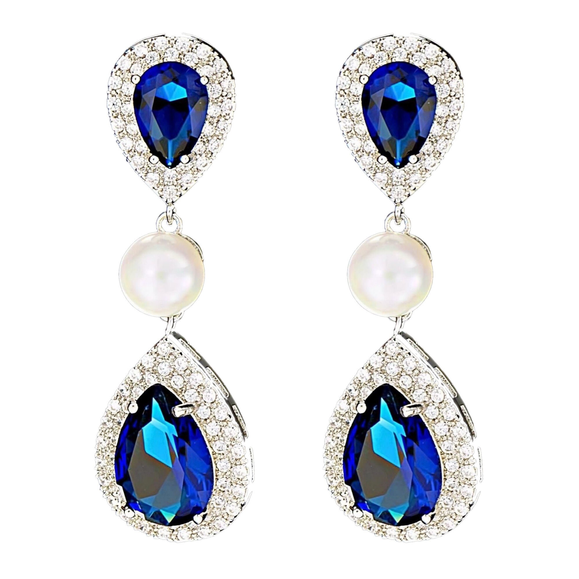 Cercei placati cu Aur 18K, Perle si Diamante, Afrodita Pearl Blue