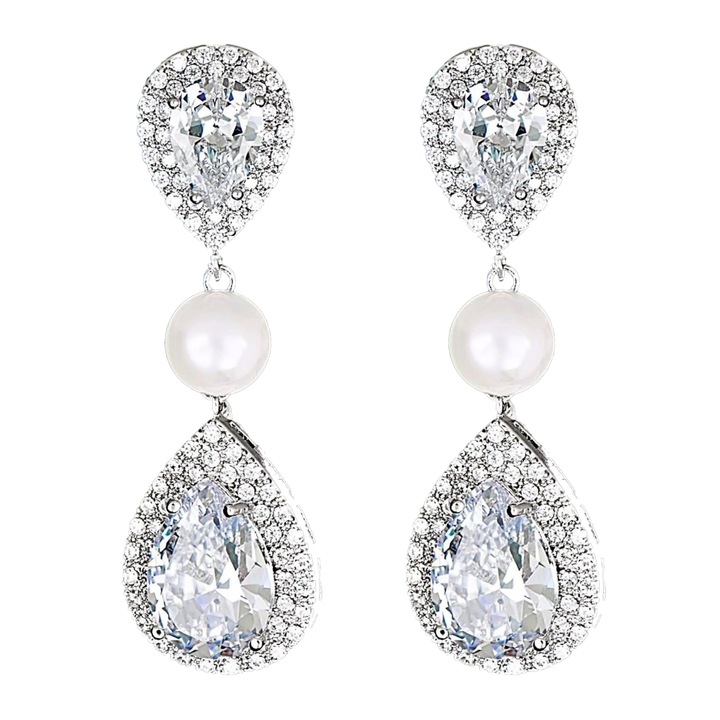 Cercei placati cu Aur 18K, Perle si Diamante, Afrodita Pearl Platinum