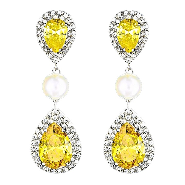 Cercei placati cu Aur 18K, Perle si Diamante, Afrodita Pearl Yellow