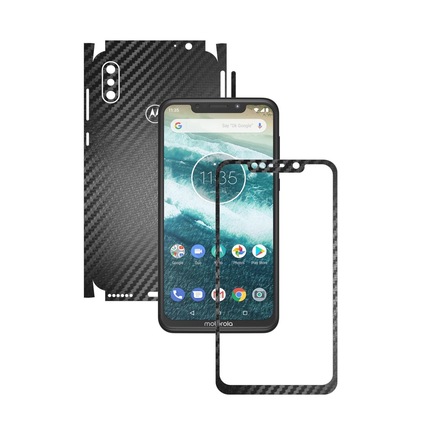 Folie Protectie Carbon Skinz pentru Motorola One Power (P30 Note) - Carbon Negru 360 Cut, Skin Adeziv Full Body Cover pentru Rama Ecran, Carcasa Spate si Laterale