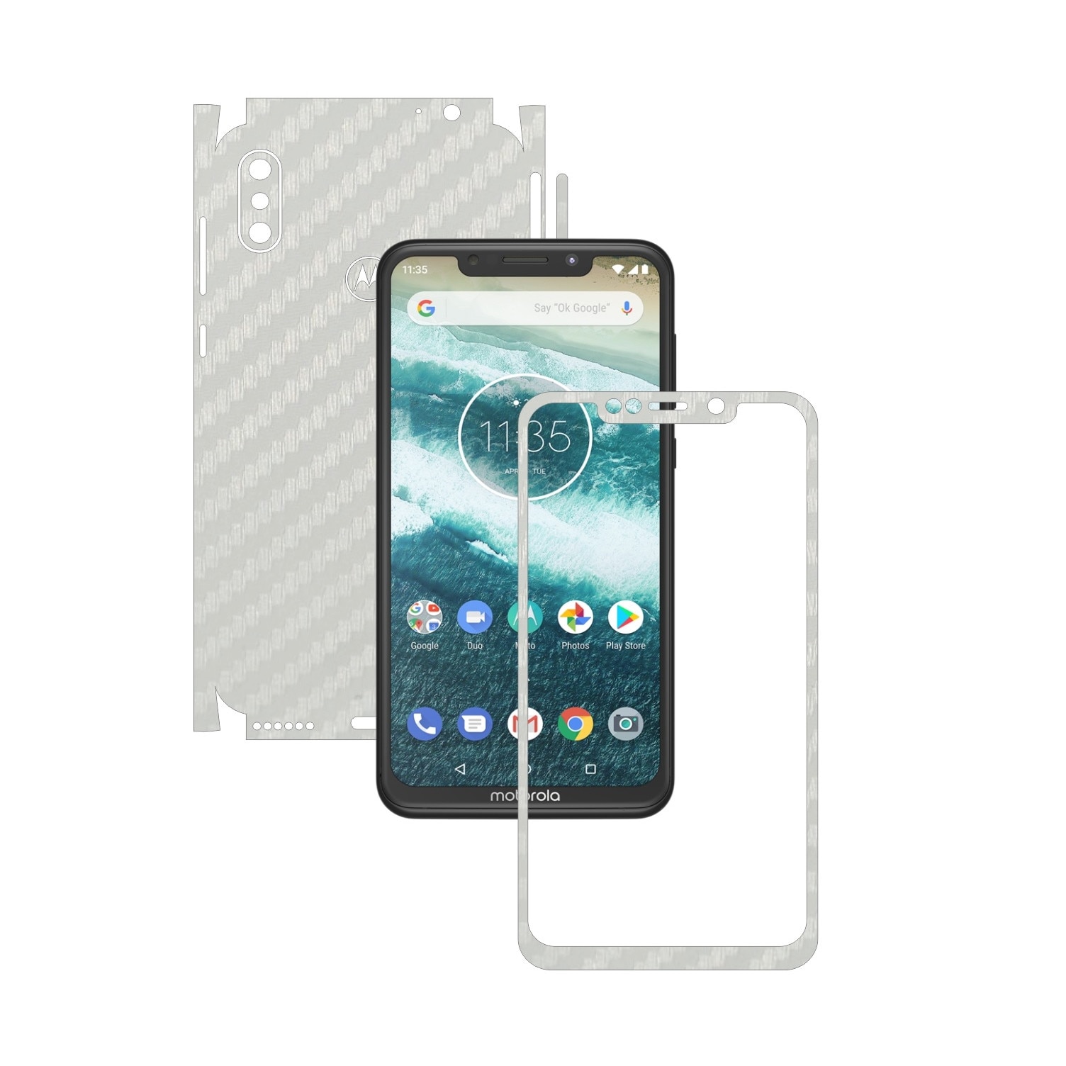 Folie Protectie Carbon Skinz pentru Motorola One Power (P30 Note) - Carbon Alb 360 Cut, Skin Adeziv Full Body Cover pentru Rama Ecran, Carcasa Spate si Laterale
