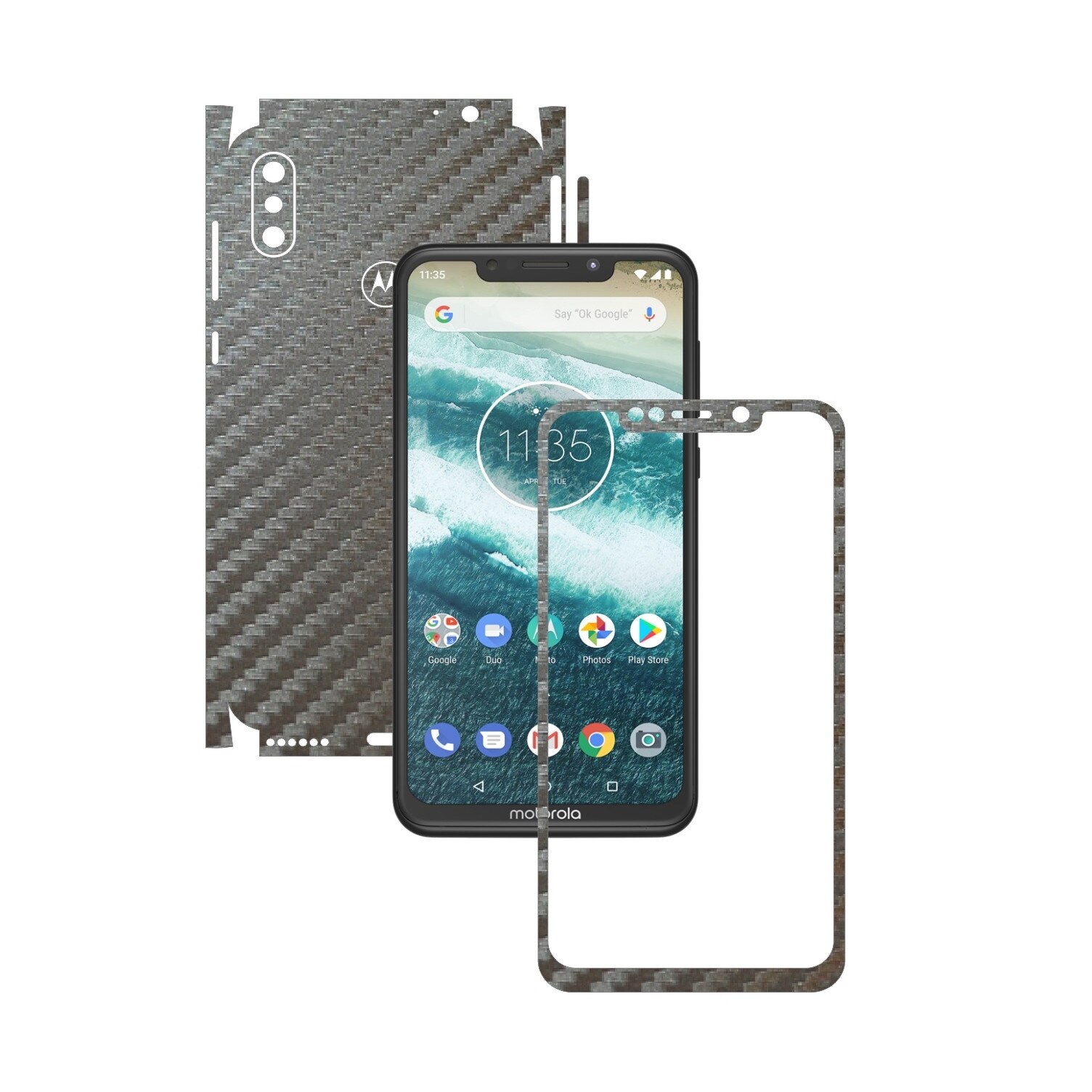 Folie Protectie Carbon Skinz pentru Motorola One Power (P30 Note) - Carbon Gri Argintiu 360 Cut, Skin Adeziv Full Body Cover pentru Rama Ecran, Carcasa Spate si Laterale
