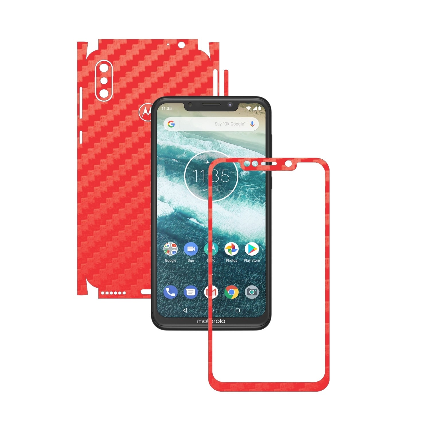 Folie Protectie Carbon Skinz pentru Motorola One Power (P30 Note) - Carbon Rosu 360 Cut, Skin Adeziv Full Body Cover pentru Rama Ecran, Carcasa Spate si Laterale