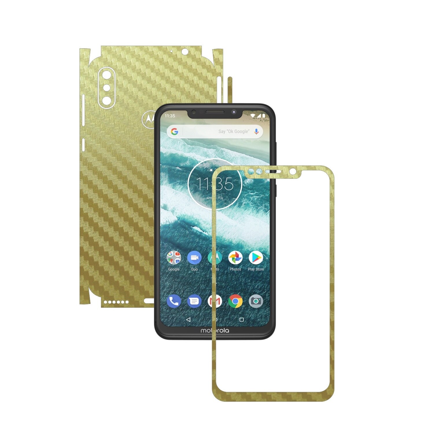 Folie Protectie Carbon Skinz pentru Motorola One Power (P30 Note) - Carbon Auriu 360 Cut, Skin Adeziv Full Body Cover pentru Rama Ecran, Carcasa Spate si Laterale