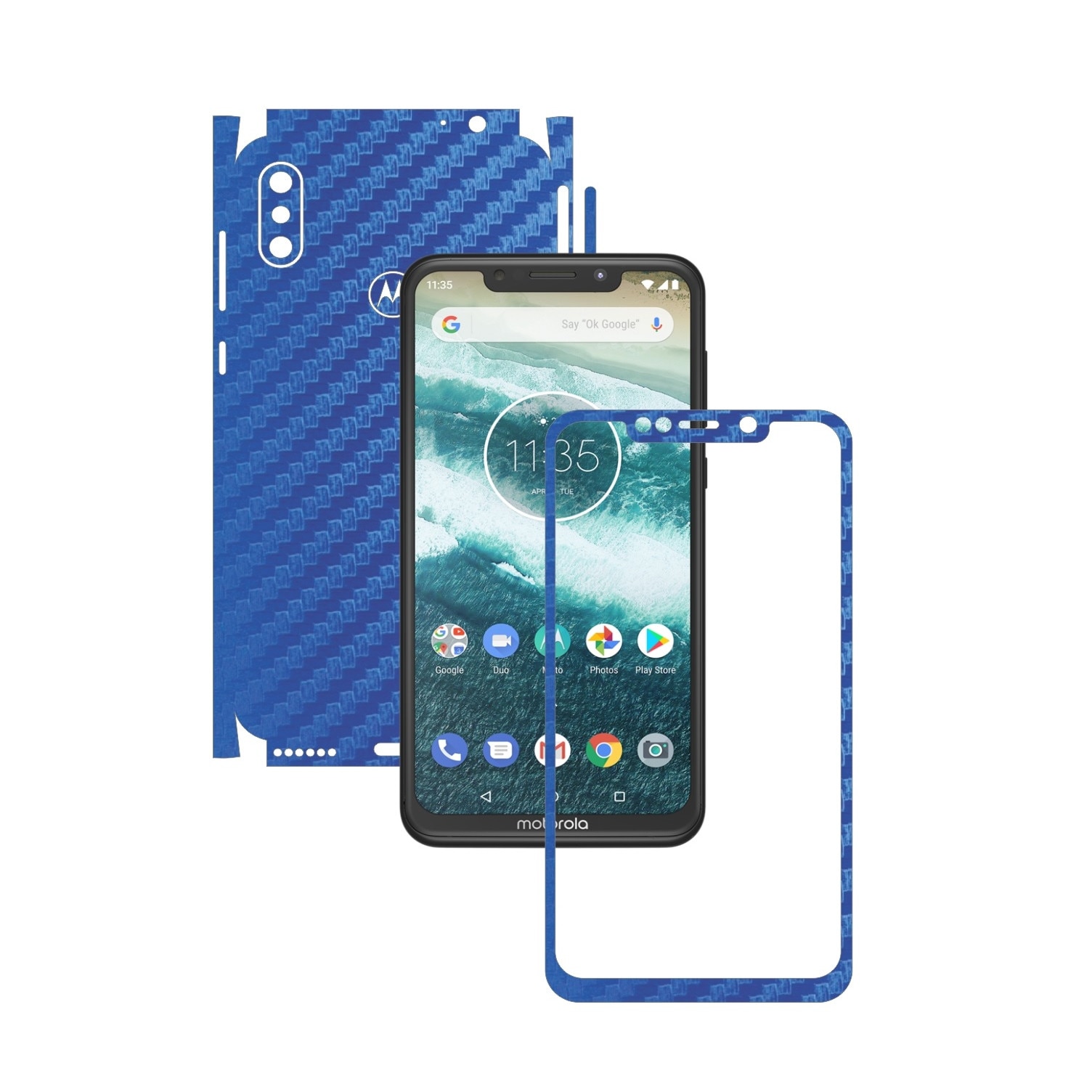 Folie Protectie Carbon Skinz pentru Motorola One Power (P30 Note) - Carbon Albastru 360 Cut, Skin Adeziv Full Body Cover pentru Rama Ecran, Carcasa Spate si Laterale