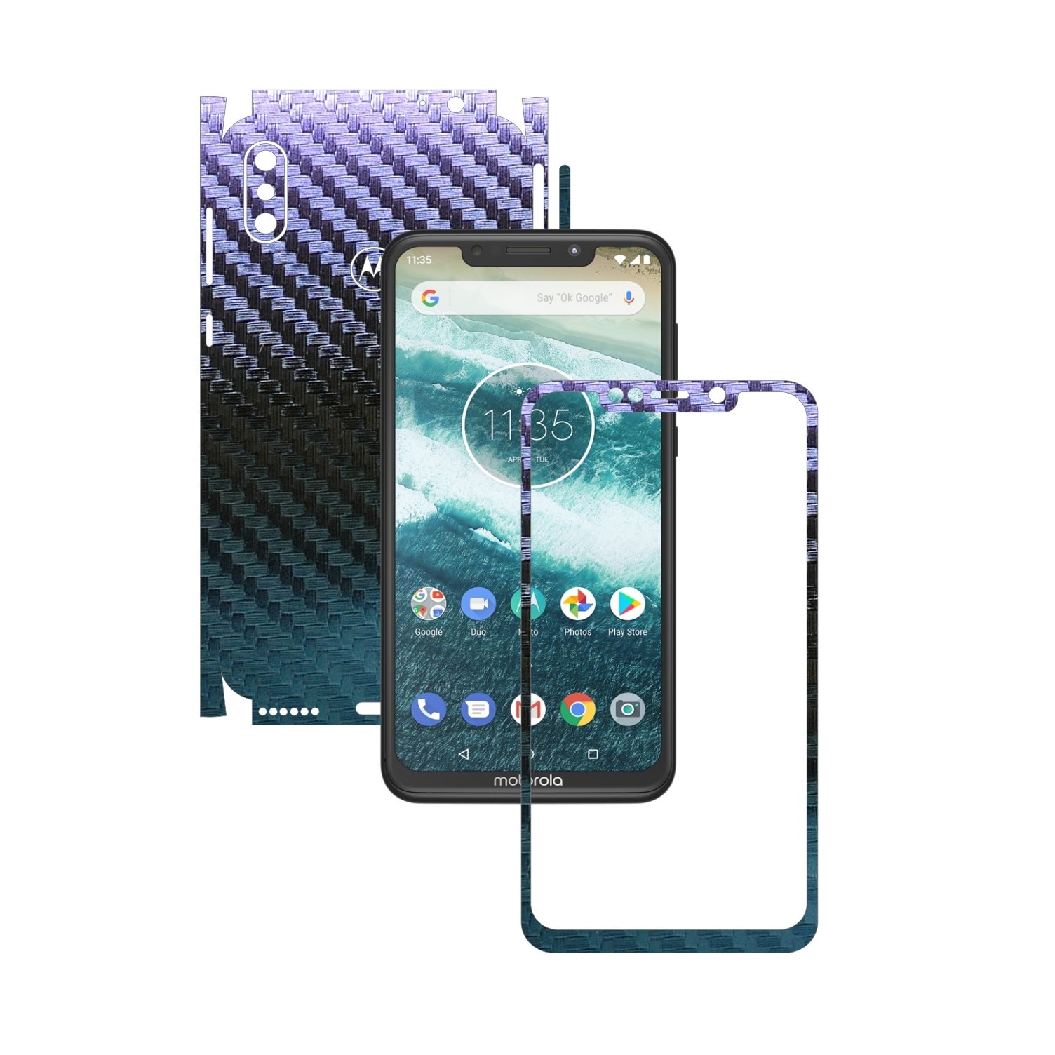 Folie Protectie Carbon Skinz pentru Motorola One Power (P30 Note) - Carbon Cameleon 360 Cut, Skin Adeziv Full Body Cover pentru Rama Ecran, Carcasa Spate si Laterale