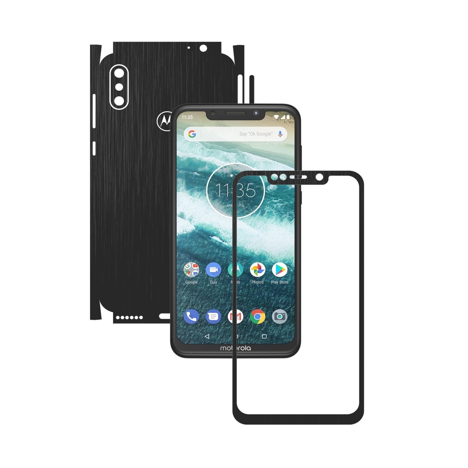 Folie Protectie Carbon Skinz pentru Motorola One Power (P30 Note) - Brushed Negru 360 Cut, Skin Adeziv Full Body Cover pentru Rama Ecran, Carcasa Spate si Laterale