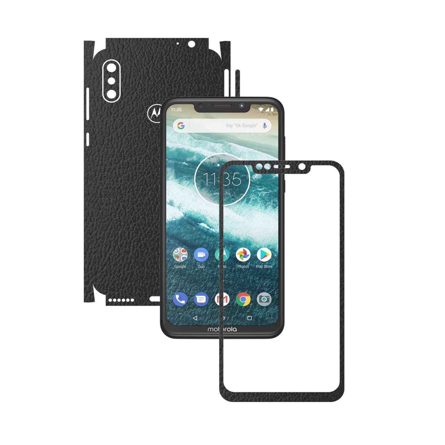 Folie Protectie Carbon Skinz pentru Motorola One Power (P30 Note) - Piele Neagra 360 Cut, Skin Adeziv Full Body Cover pentru Rama Ecran, Carcasa Spate si Laterale