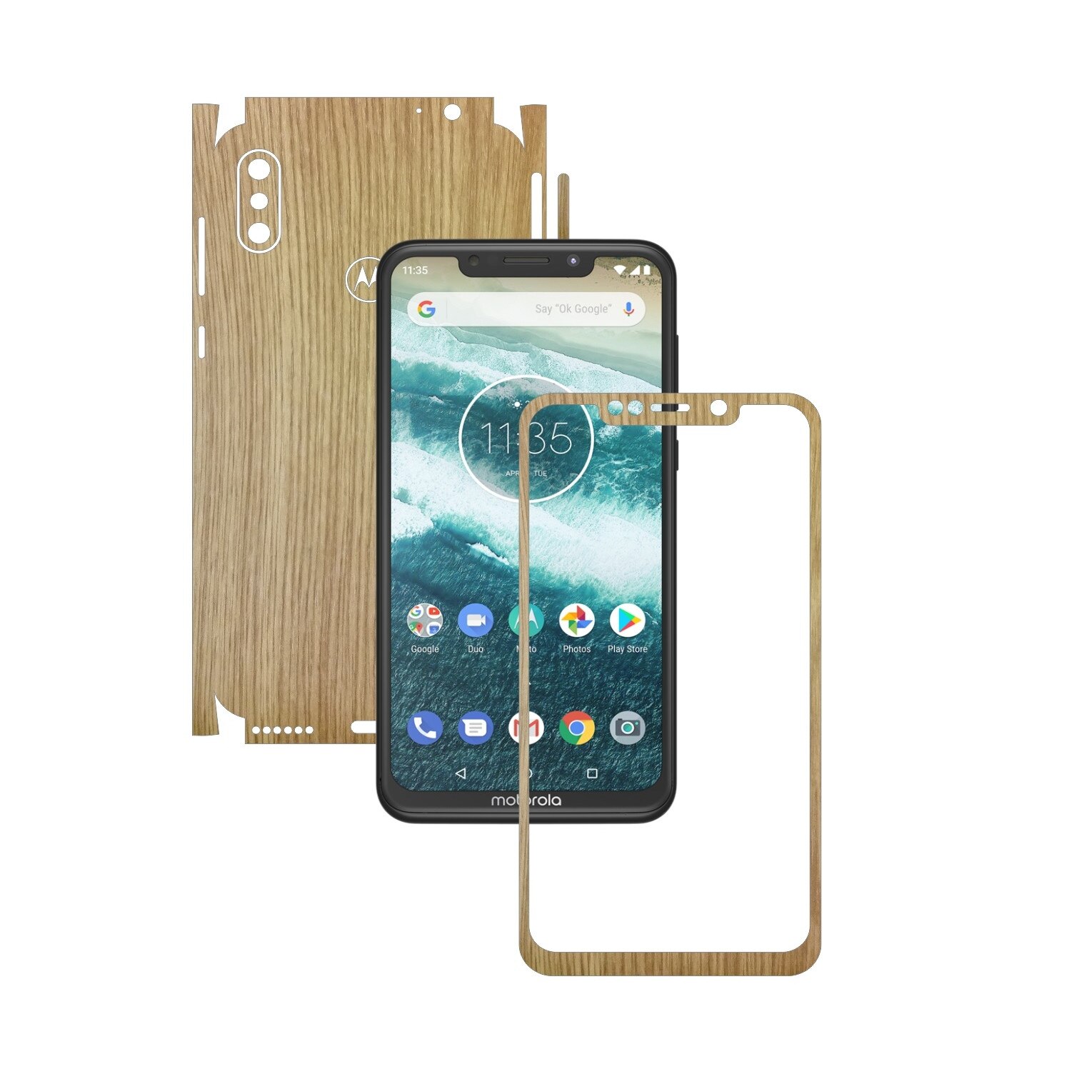 Folie Protectie Carbon Skinz pentru Motorola One Power (P30 Note) - Lemn Stejar 360 Cut, Skin Adeziv Full Body Cover pentru Rama Ecran, Carcasa Spate si Laterale