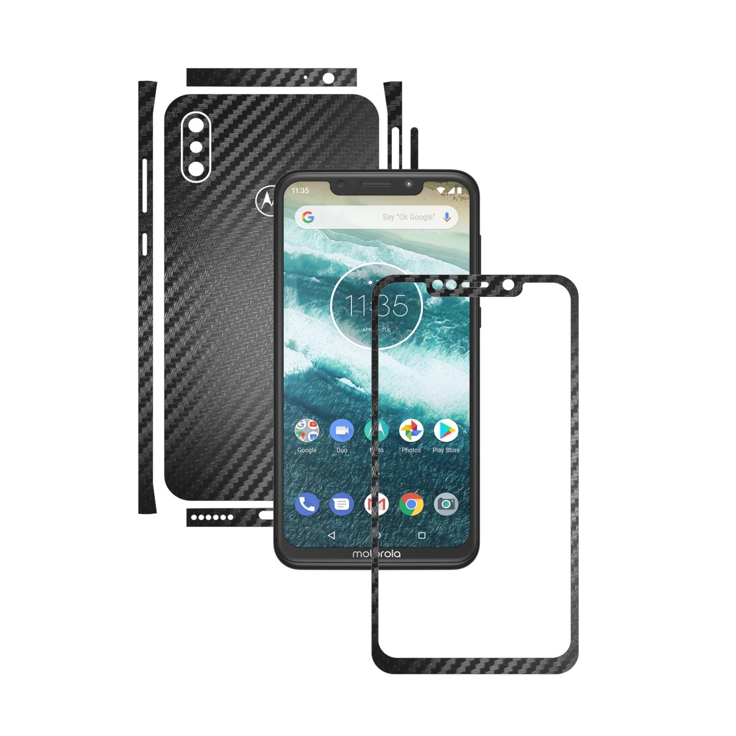 Folie Protectie Carbon Skinz pentru Motorola One Power (P30 Note) - Carbon Negru Split Cut, Skin Adeziv Full Body Cover pentru Rama Ecran, Carcasa Spate si Laterale
