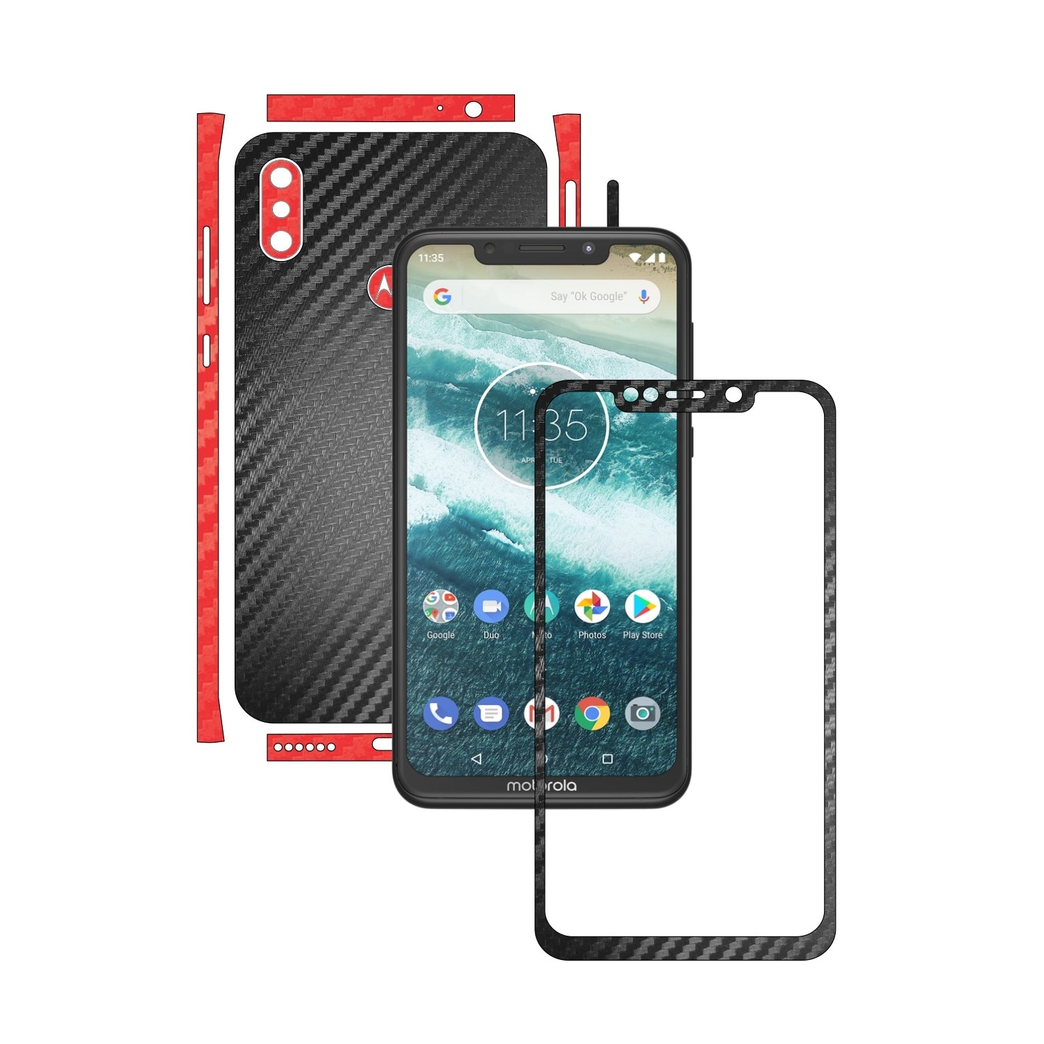 Folie Protectie Carbon Skinz pentru Motorola One Power (P30 Note) - Carbon Two Tone Negru / Rosu, Skin Adeziv Full Body Cover pentru Rama Ecran, Carcasa Spate si Laterale