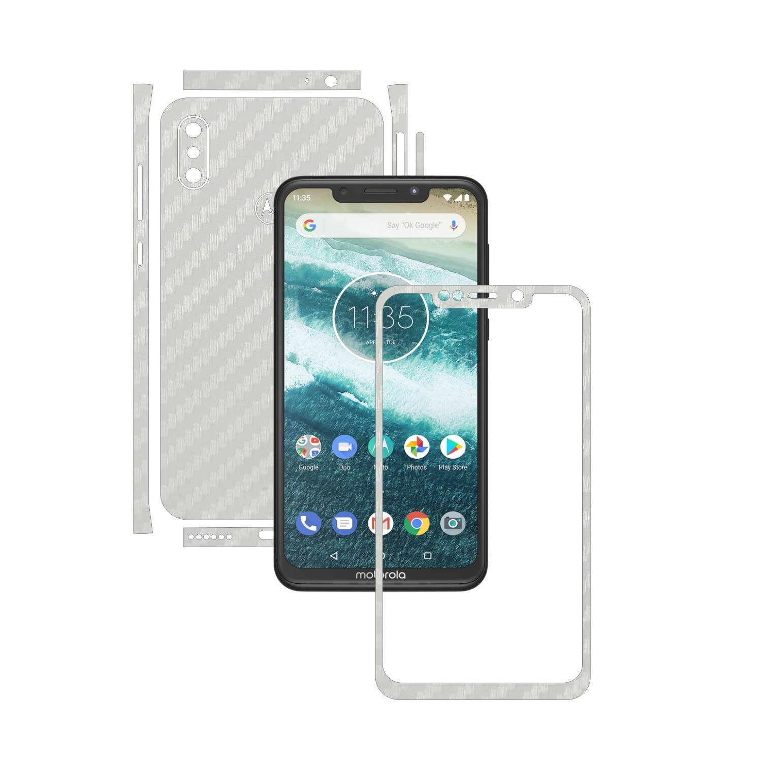 Folie Protectie Carbon Skinz pentru Motorola One Power (P30 Note) - Carbon Alb Split Cut, Skin Adeziv Full Body Cover pentru Rama Ecran, Carcasa Spate si Laterale