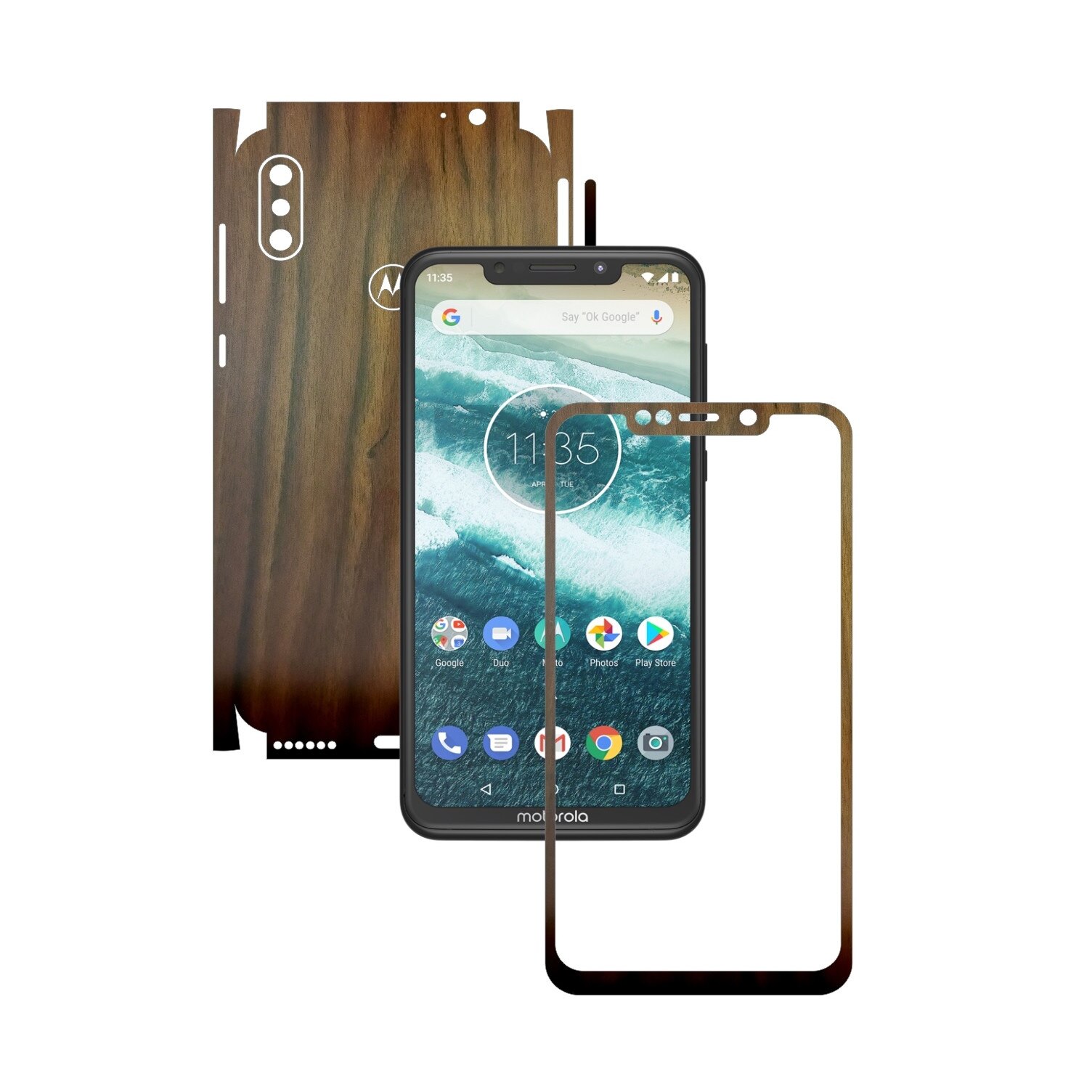 Folie Protectie Carbon Skinz pentru Motorola One Power (P30 Note) - Lemn Nuc 360 Cut, Skin Adeziv Full Body Cover pentru Rama Ecran, Carcasa Spate si Laterale
