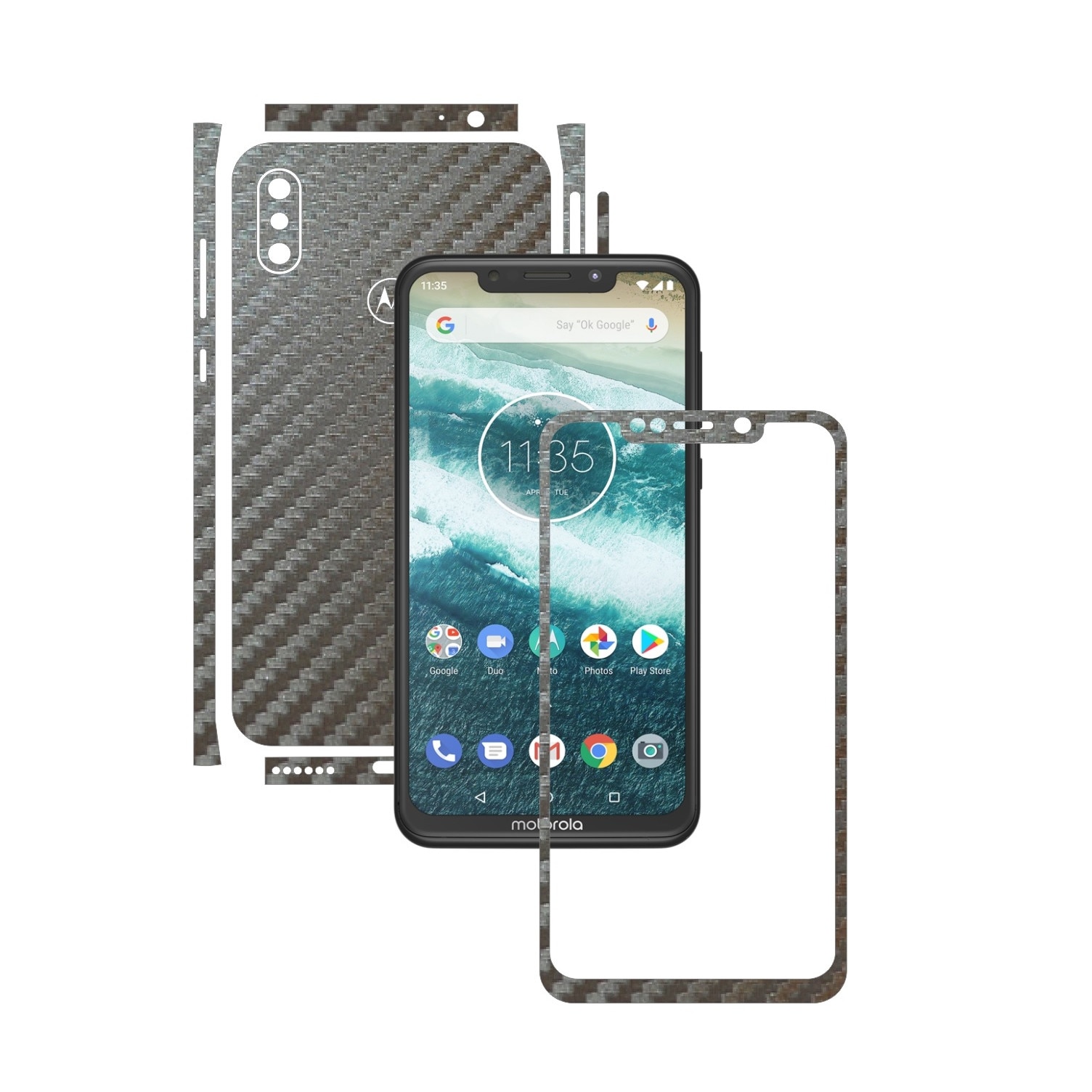 Folie Protectie Carbon Skinz pentru Motorola One Power (P30 Note) - Carbon Gri Argintiu Split Cut, Skin Adeziv Full Body Cover pentru Rama Ecran, Carcasa Spate si Laterale