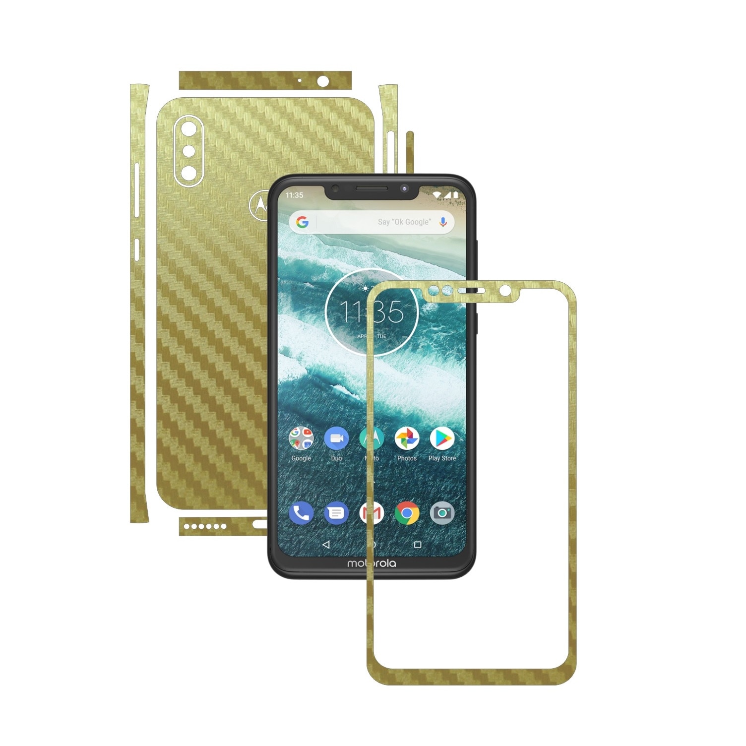 Folie Protectie Carbon Skinz pentru Motorola One Power (P30 Note) - Carbon Auriu Split Cut, Skin Adeziv Full Body Cover pentru Rama Ecran, Carcasa Spate si Laterale