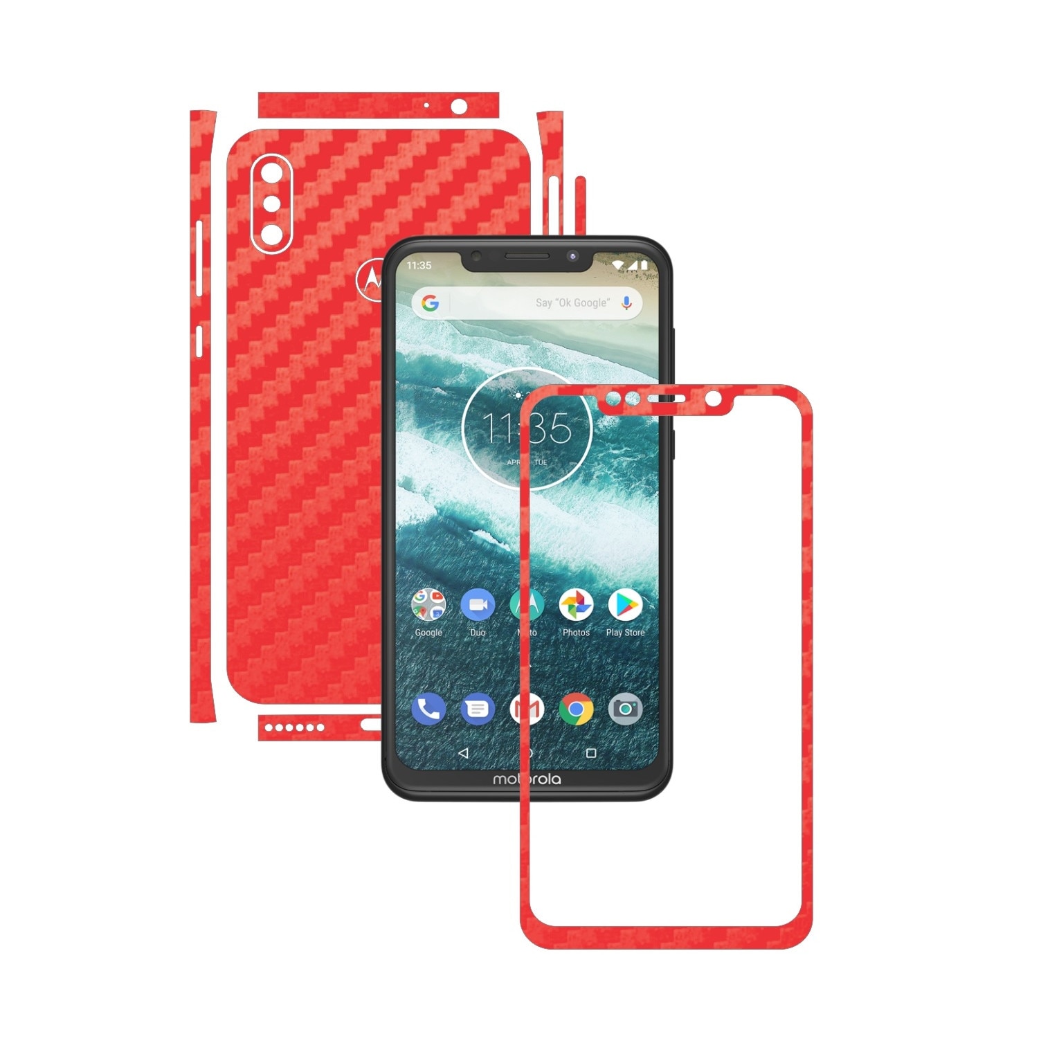 Folie Protectie Carbon Skinz pentru Motorola One Power (P30 Note) - Carbon Rosu Split Cut, Skin Adeziv Full Body Cover pentru Rama Ecran, Carcasa Spate si Laterale