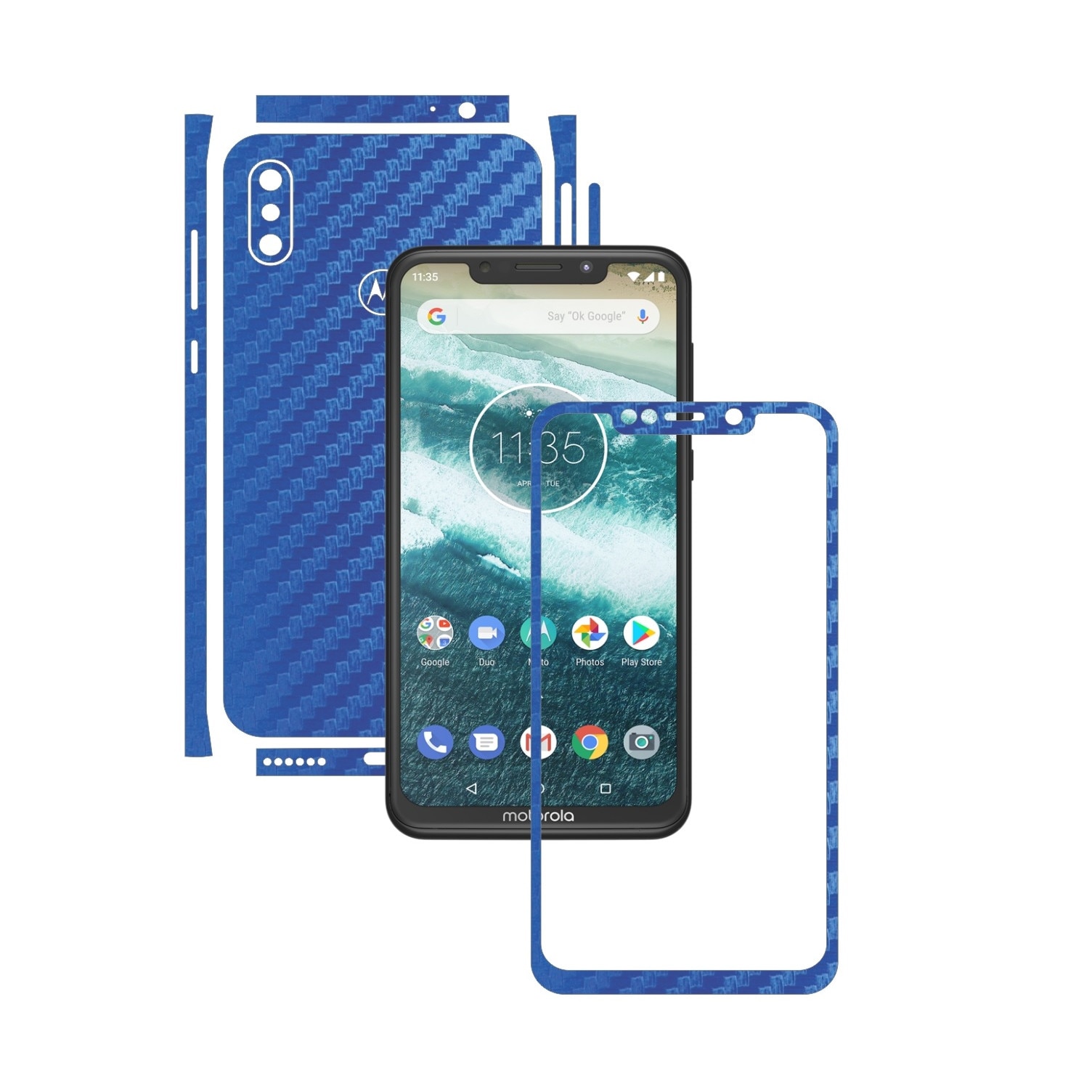 Folie Protectie Carbon Skinz pentru Motorola One Power (P30 Note) - Carbon Albastru Split Cut, Skin Adeziv Full Body Cover pentru Rama Ecran, Carcasa Spate si Laterale