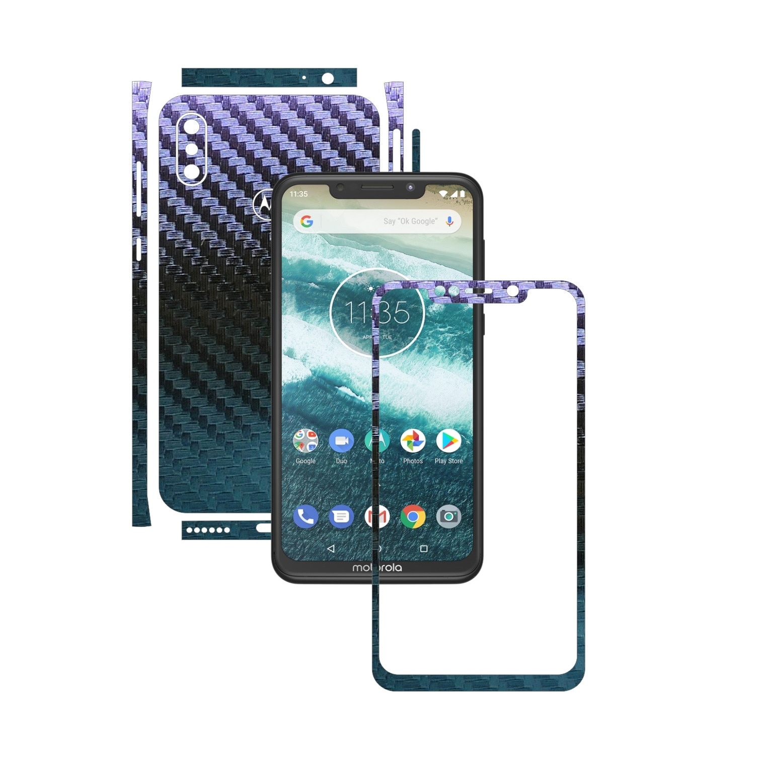 Folie Protectie Carbon Skinz pentru Motorola One Power (P30 Note) - Carbon Cameleon Split Cut, Skin Adeziv Full Body Cover pentru Rama Ecran, Carcasa Spate si Laterale