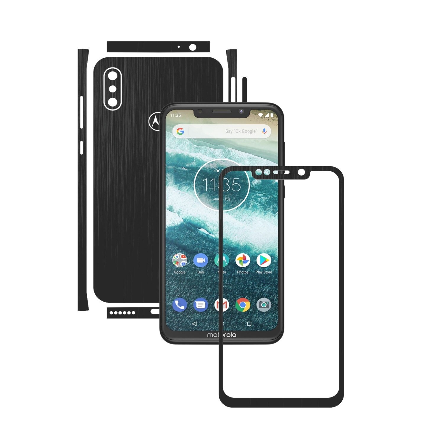 Folie Protectie Carbon Skinz pentru Motorola One Power (P30 Note) - Brushed Negru Split Cut, Skin Adeziv Full Body Cover pentru Rama Ecran, Carcasa Spate si Laterale