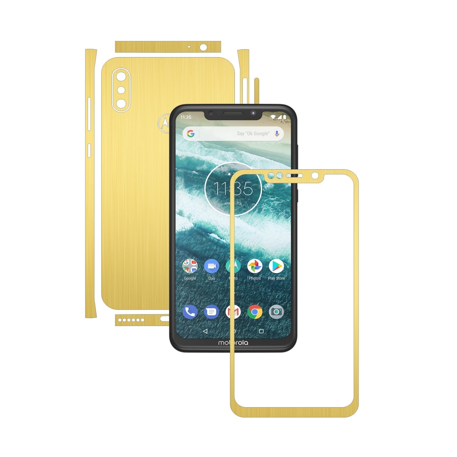 Folie Protectie Carbon Skinz pentru Motorola One Power (P30 Note) - Brushed Auriu Split Cut, Skin Adeziv Full Body Cover pentru Rama Ecran, Carcasa Spate si Laterale