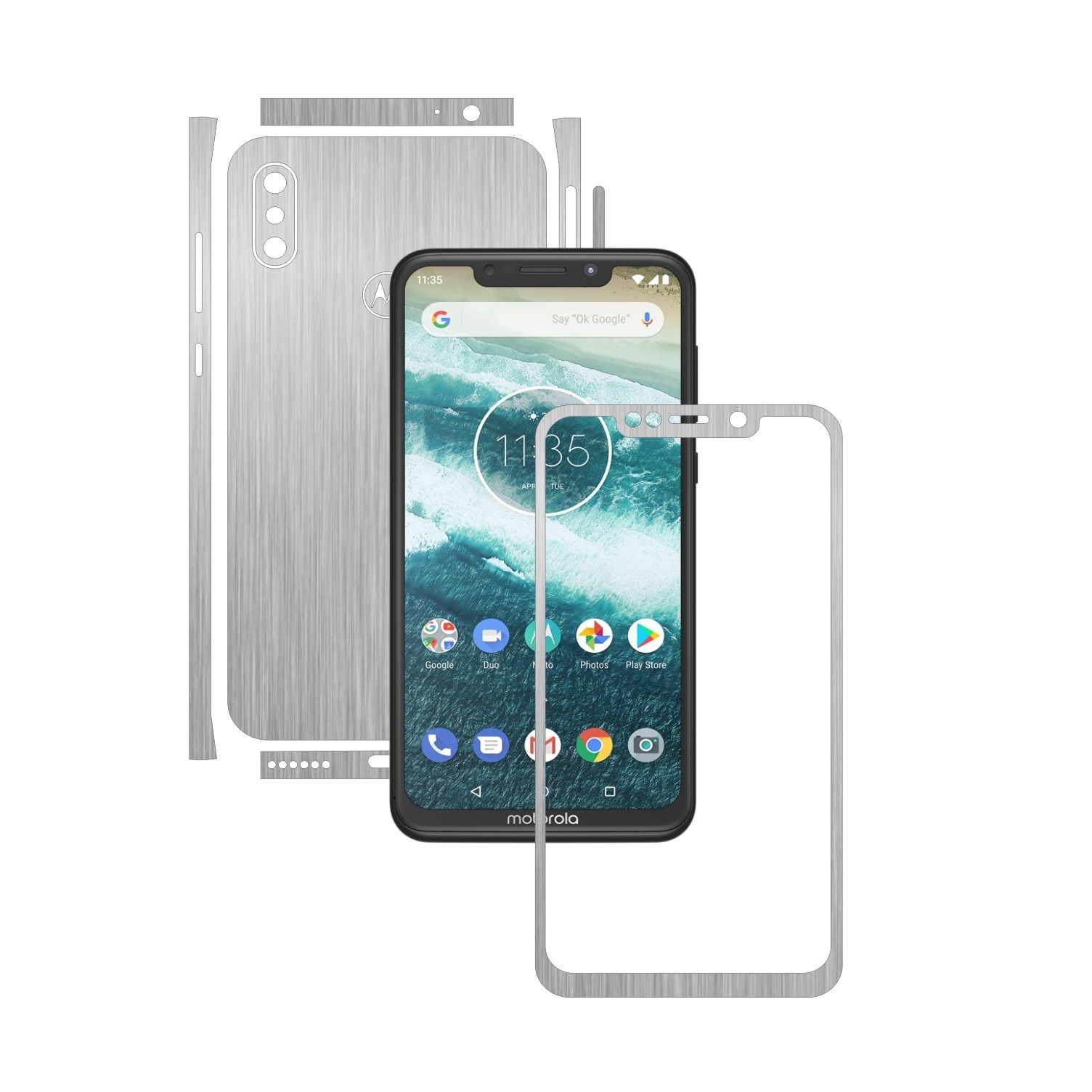 Folie Protectie Carbon Skinz pentru Motorola One Power (P30 Note) - Brushed Argintiu Split Cut, Skin Adeziv Full Body Cover pentru Rama Ecran, Carcasa Spate si Laterale