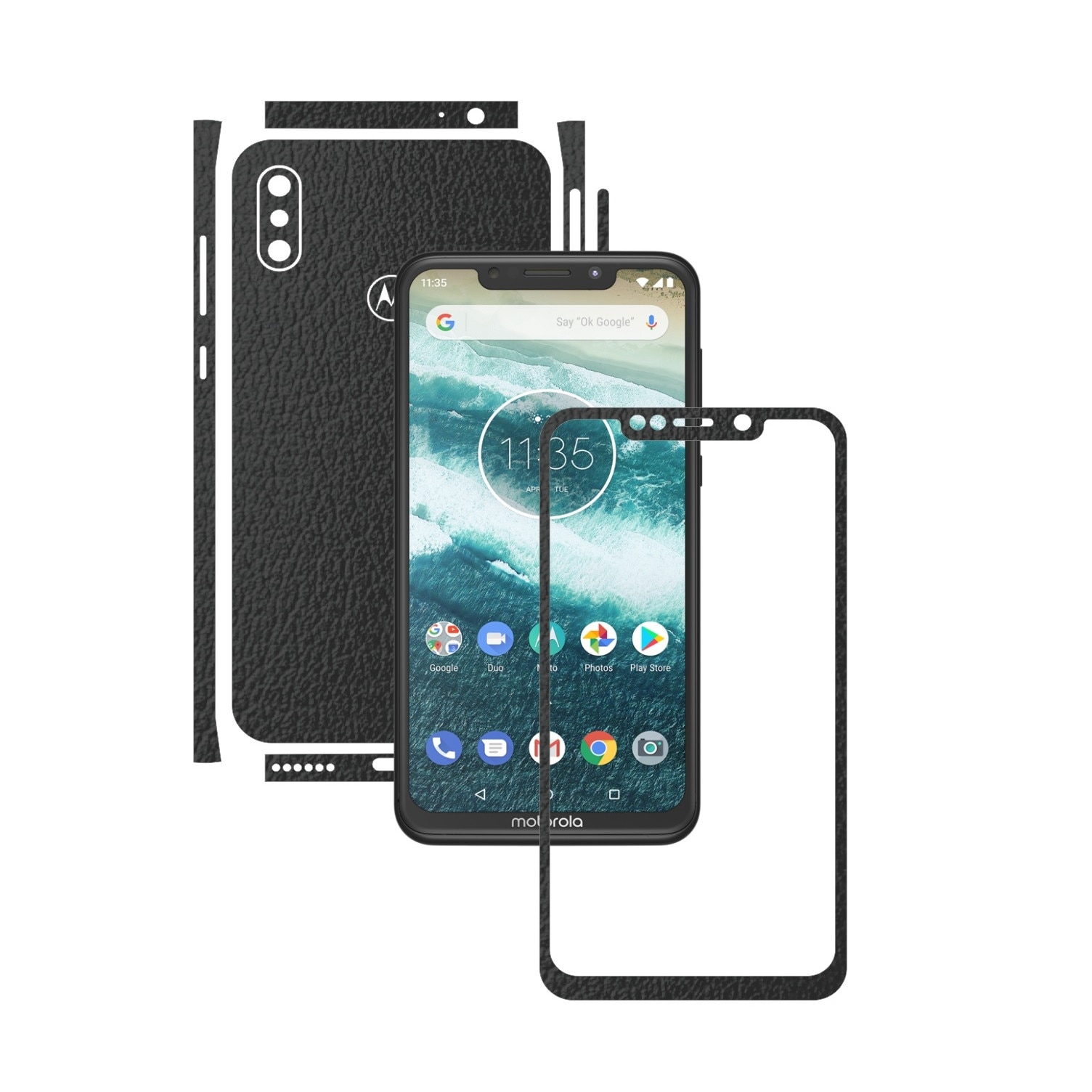 Folie Protectie Carbon Skinz pentru Motorola One Power (P30 Note) - Piele Neagra Split Cut, Skin Adeziv Full Body Cover pentru Rama Ecran, Carcasa Spate si Laterale