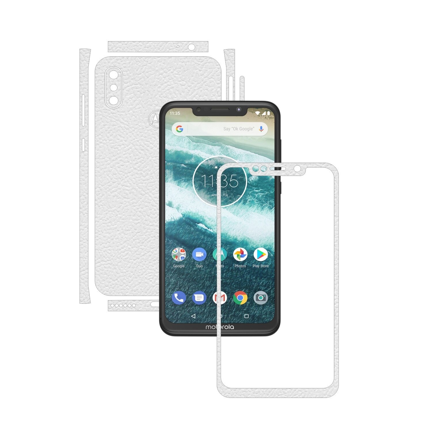 Folie Protectie Carbon Skinz pentru Motorola One Power (P30 Note) - Piele Alba Split Cut, Skin Adeziv Full Body Cover pentru Rama Ecran, Carcasa Spate si Laterale