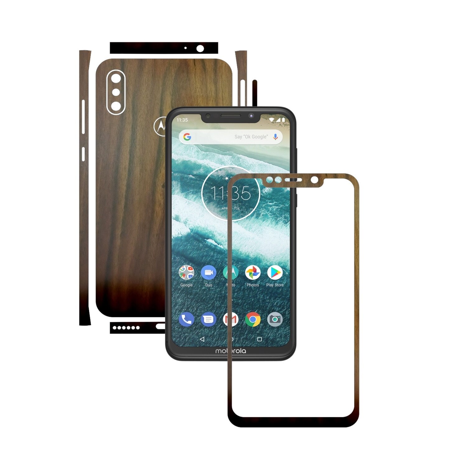 Folie Protectie Carbon Skinz pentru Motorola One Power (P30 Note) - Lemn Nuc Split Cut, Skin Adeziv Full Body Cover pentru Rama Ecran, Carcasa Spate si Laterale