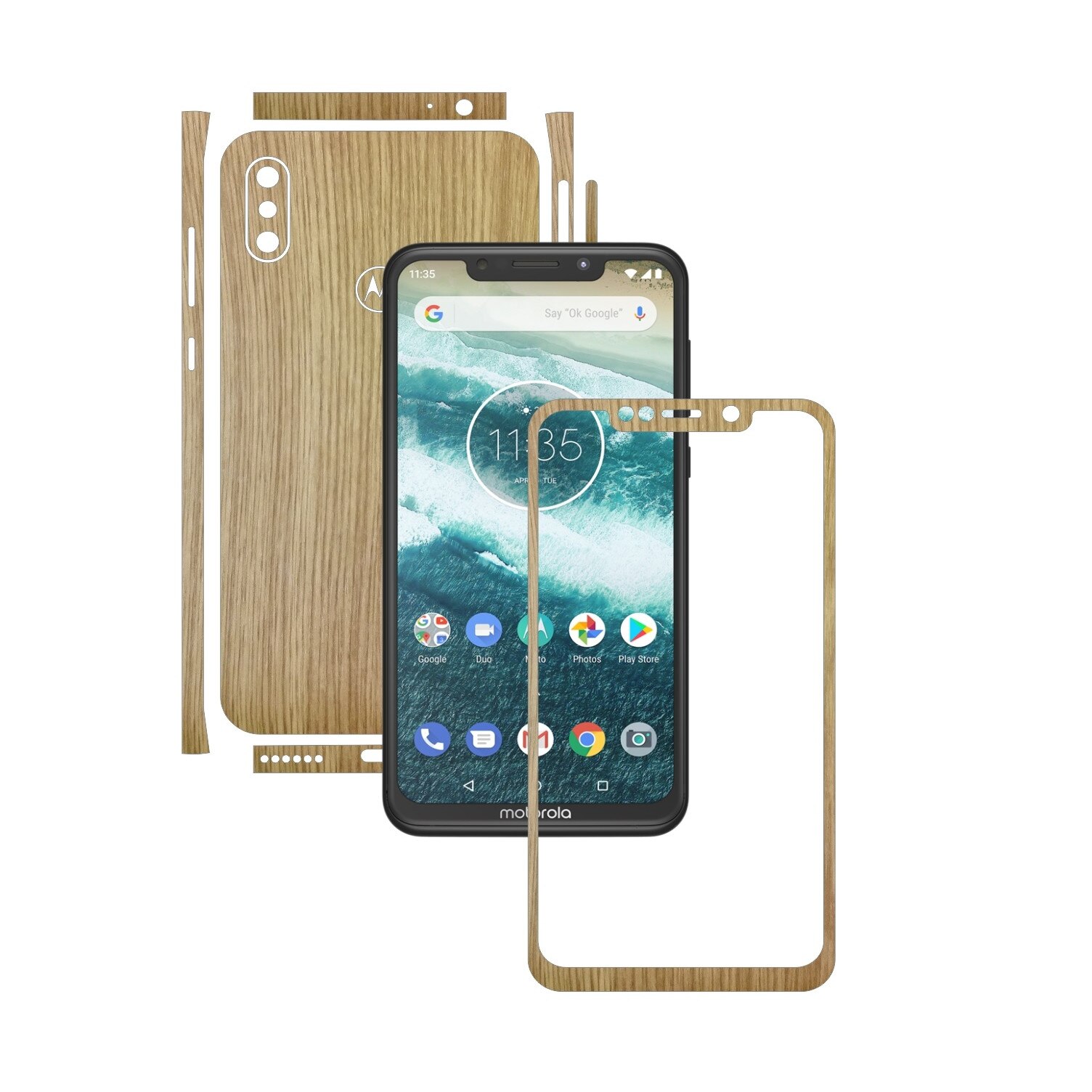 Folie Protectie Carbon Skinz pentru Motorola One Power (P30 Note) - Lemn Stejar Split Cut, Skin Adeziv Full Body Cover pentru Rama Ecran, Carcasa Spate si Laterale