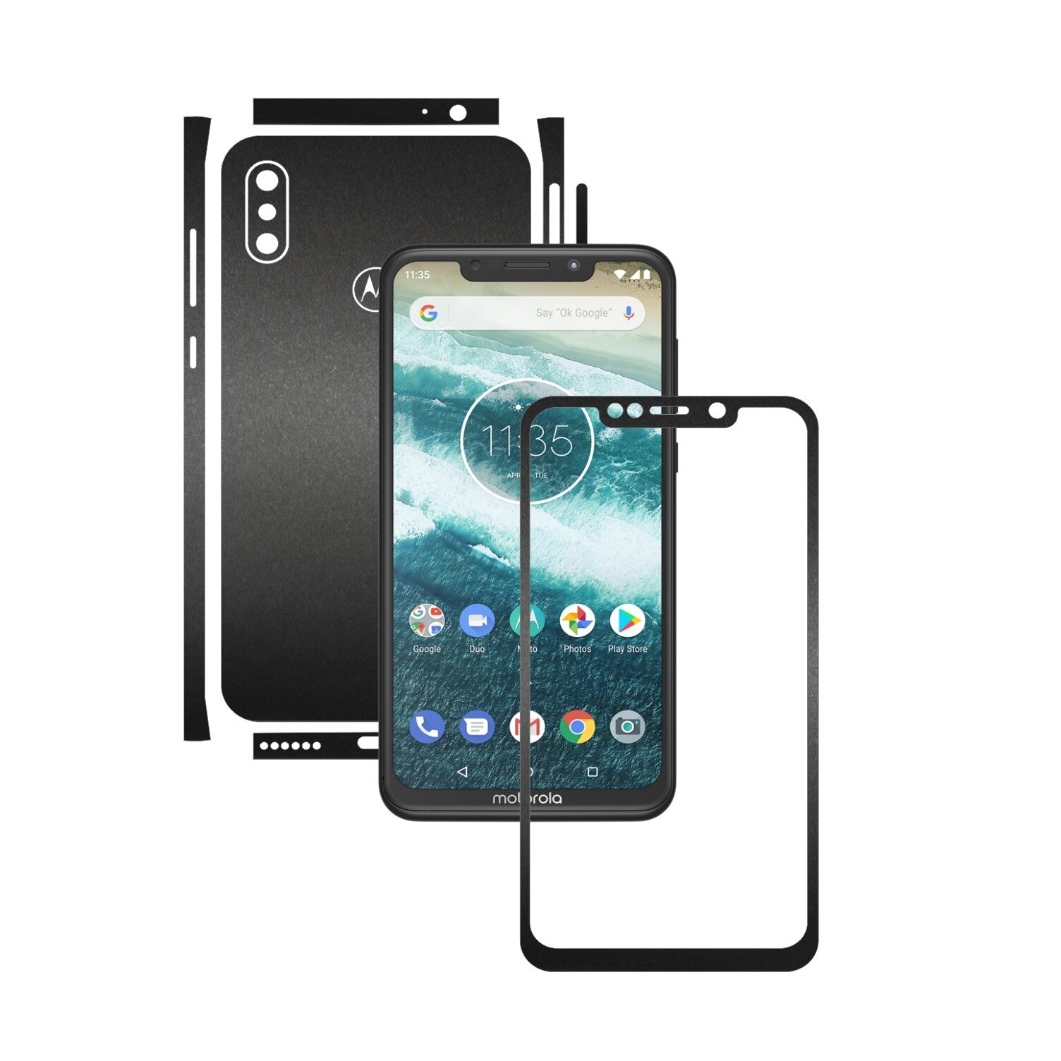 Folie Protectie Carbon Skinz pentru Motorola One Power (P30 Note) - Negru Mat Split Cut, Skin Adeziv Full Body Cover pentru Rama Ecran, Carcasa Spate si Laterale
