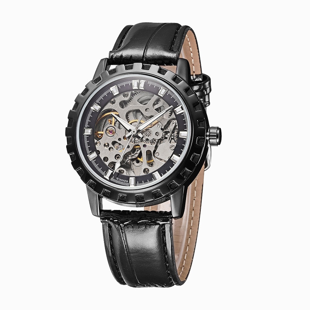 Ceas Barbatesc Automatic Winner Casual Elegant Negru, CP9234NU, curea din piele, afisaj analog