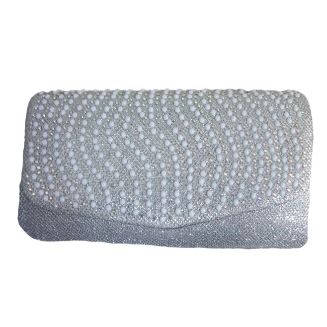 Geanta shic, eleganta, cu perle mici decorative si strass-uri, D&J Exclusive, argintiu