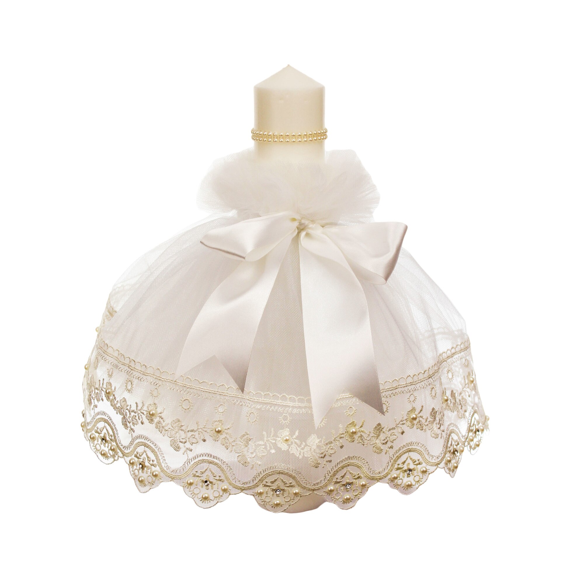 Lumanare botez cu dantela alba si margele