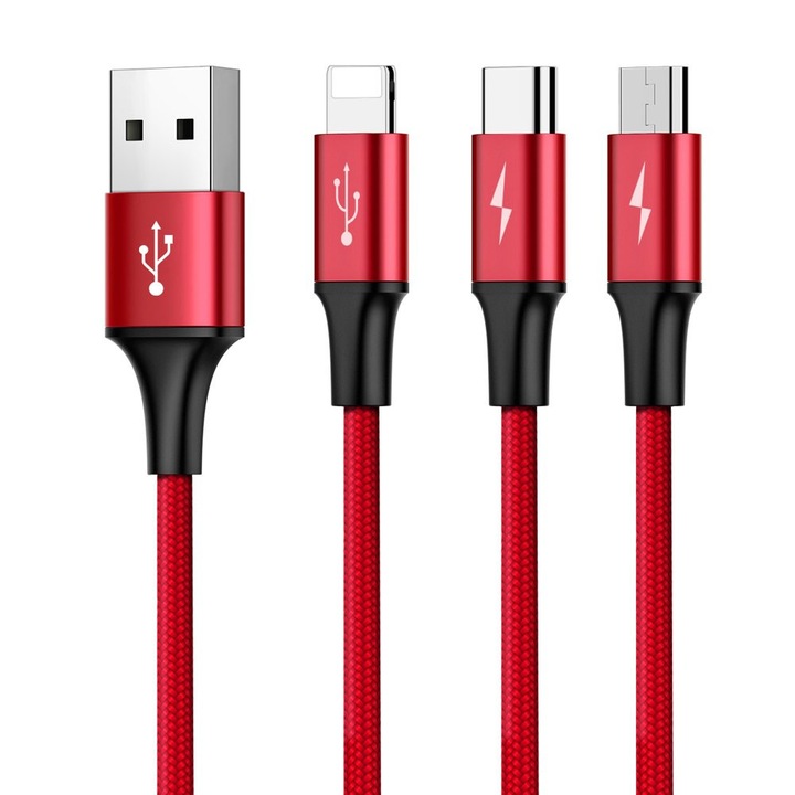 Cablu incarcare USB, HOPE R, cu mufe Micro-USB, USB-C, tip Lightning, 3A, 1,2m, Rosu