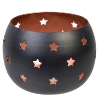 Suport lumanare metalic negru cu stelute perforate , DecorCasa , 8 x 8 cm