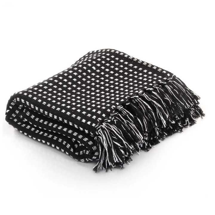 Декоративно одеяло vidaXL, памук, каре, 220х250 см, черно
