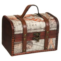 Cutie depozitare de lemn in forma de cufar cu maner de piele , DecorCasa , 19 x 13 x 13 cm