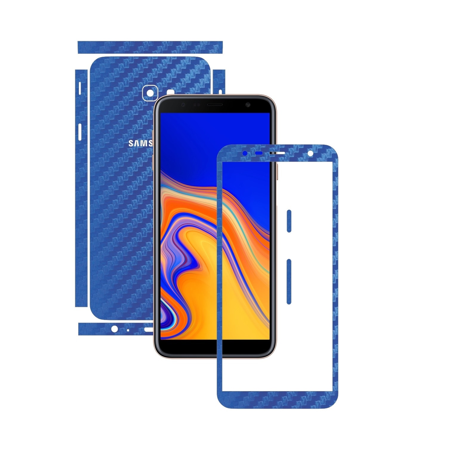 Folie Protectie Carbon Skinz pentru Samsung Galaxy J4+ Plus - Carbon Albastru Split Cut, Skin Adeziv Full Body Cover pentru Rama Ecran, Carcasa Spate si Laterale